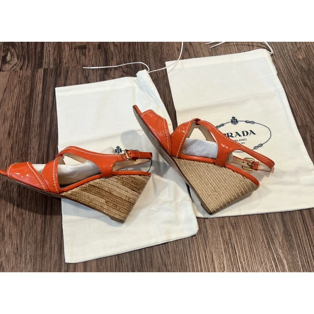 Prada Patent Leather Espadrille Wedge Sandals Size 37.5 Color Coral DETAILS